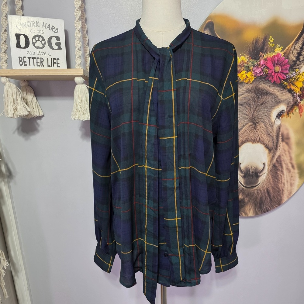 Ralph Lauren Neck Tie Tartan Plaid Crepe Blouse Top Womens L Georgette Shirt